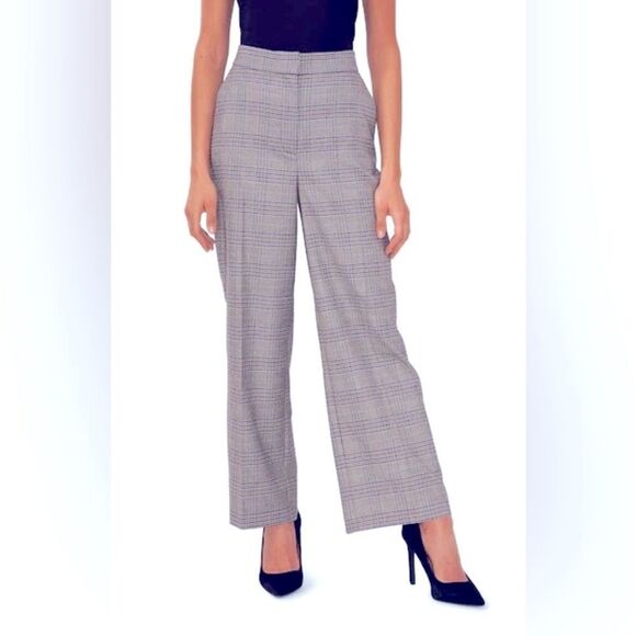 Halogen Plaid Wide Leg Work Pants Elastic Waist Black Grey Blue - Picture 1 of 10